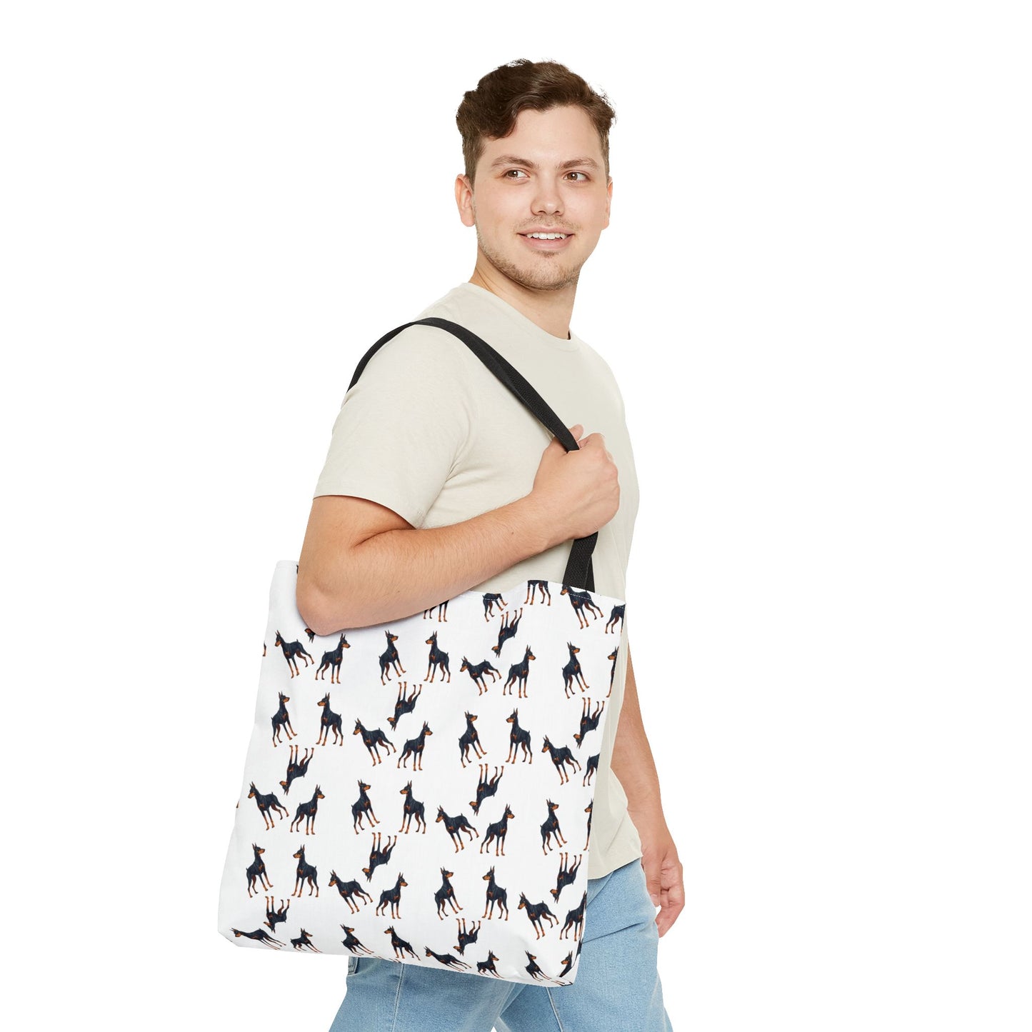 Playful Dobie Print Tote Bag, Personalized Pet Lover Gift, Everyday Use, Shopping Bag, Beach Bag, Perfect for Dog Lovers